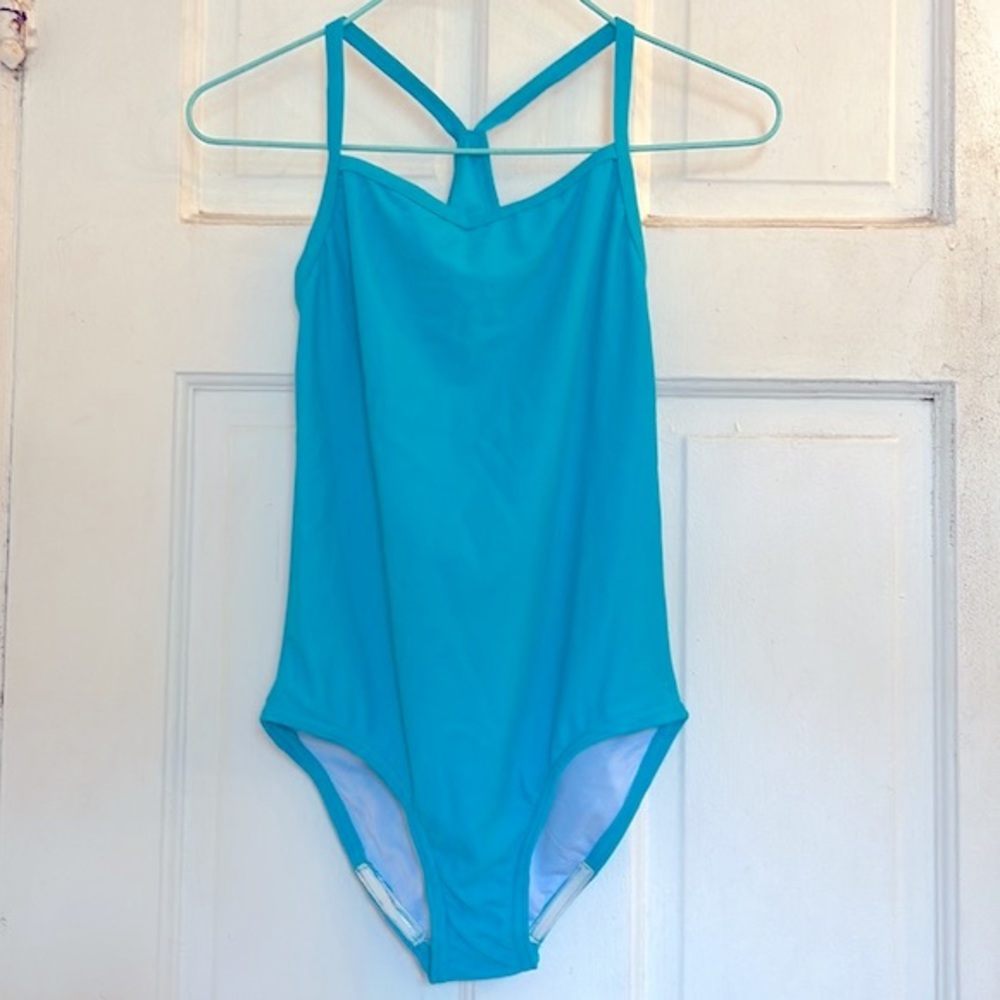 Girls Aqua Blue One-Piece Swimsuit with Cross-Back Straps in size 12